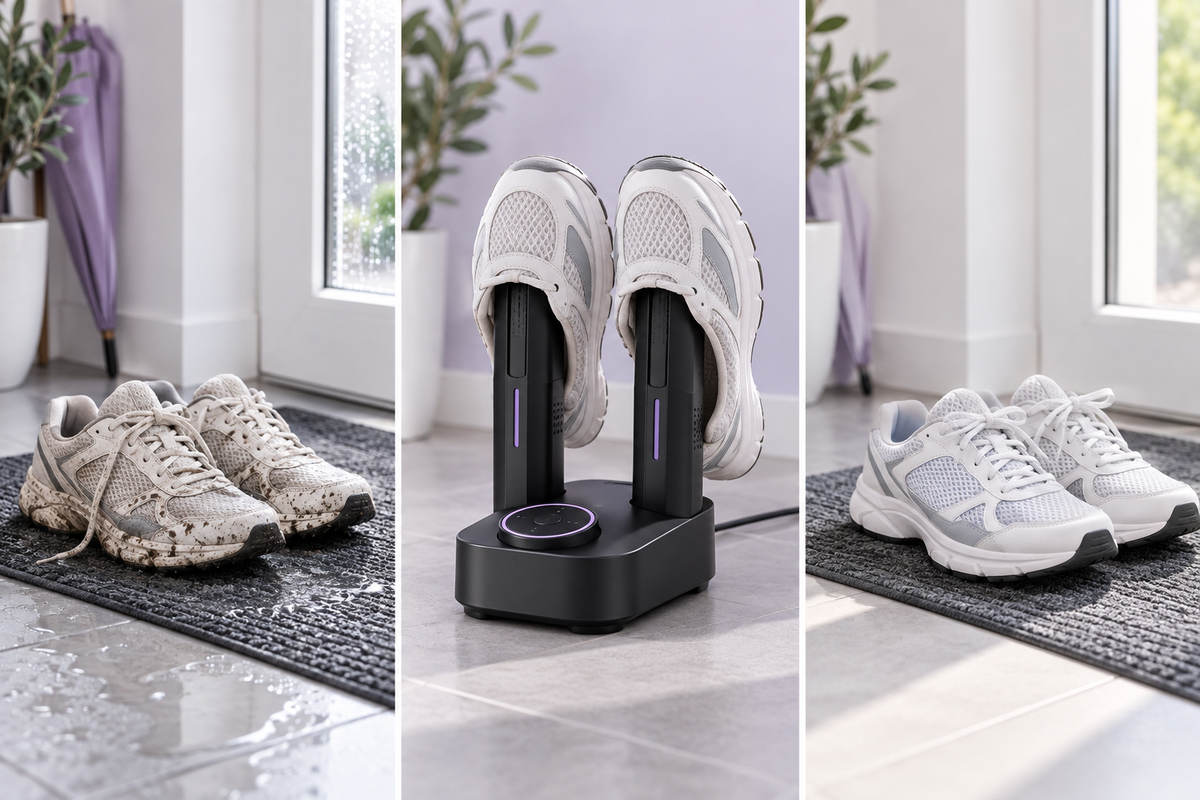 Avant et après : chaussures humides puis sèches avec le DryHeat Netso